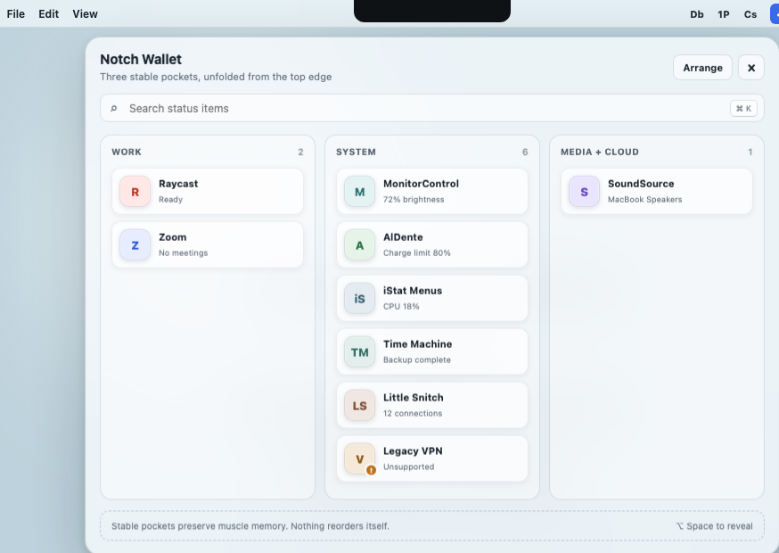 Fold menu bar hub showing searchable status items grouped by Work, System, and Media
